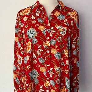 Loft Red Floral Button-Up Shirt Top  M Medium